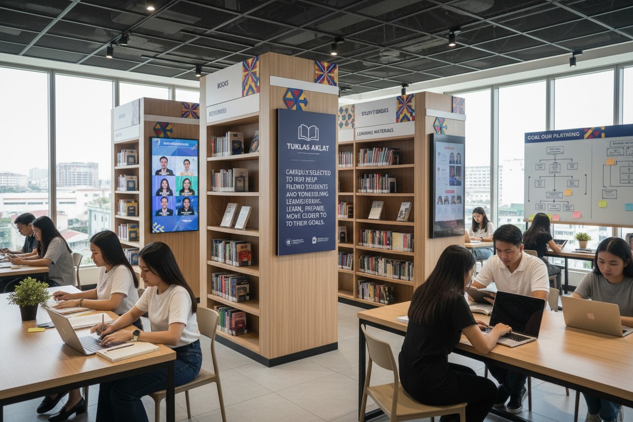 Several students sit at wooden tables studying and using laptops in a brightly lit modern library with tall bookshelves.